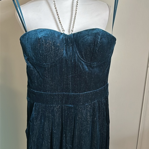 New Main Strip Rhinestone Halter Strapless Sweetheart Neck Teal Velvet Jumpsuit - Picture 6 of 16